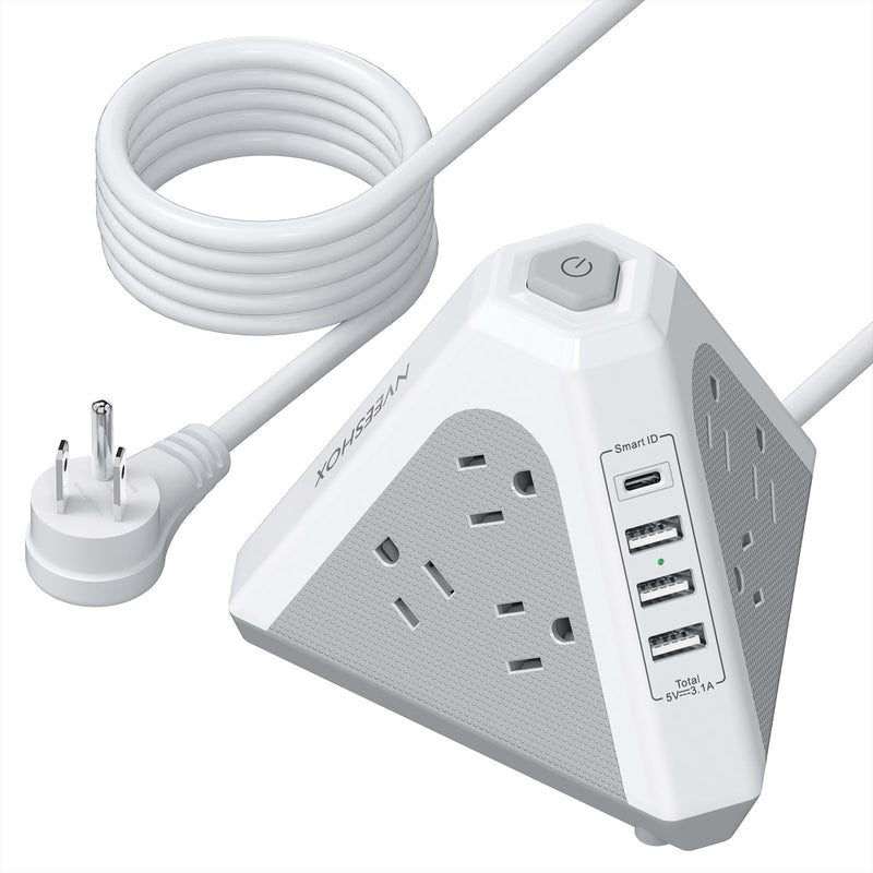 Tower Surge Protector Power Strip, NVEESHOX 9 AC Outlets with 4 USB Ports (1 USB C )3-Side Triangle Outlets with USB Ports,6.5 Ft,Flat Plug, Charging Station with Surge Protection,for Home Office Dorm White-Gray