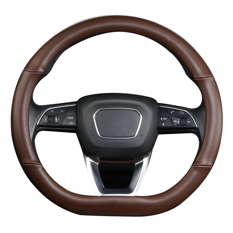Cxtiy D Shaped Steering Wheel Cover, Genuine Leather Flat Bottom Stearing Wheel Cover Luxury Car Accessories 14 1/2-15 inch (Brown) Brown