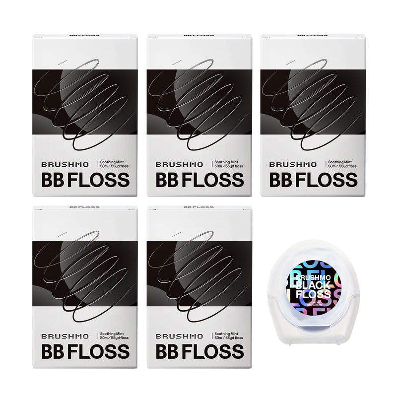 Brushmo Black Floss (BBFloss) - Expanding Floss, Gum-Friendly Soothing Mint Dental Floss, Natural Vegan Wax to Remove Plaque from Teeth, Dentist Designed PTFE & PFAS Free Oral Care, 5 Spools, 275 yd 165 Foot (Pack of 5) BB FLOSS