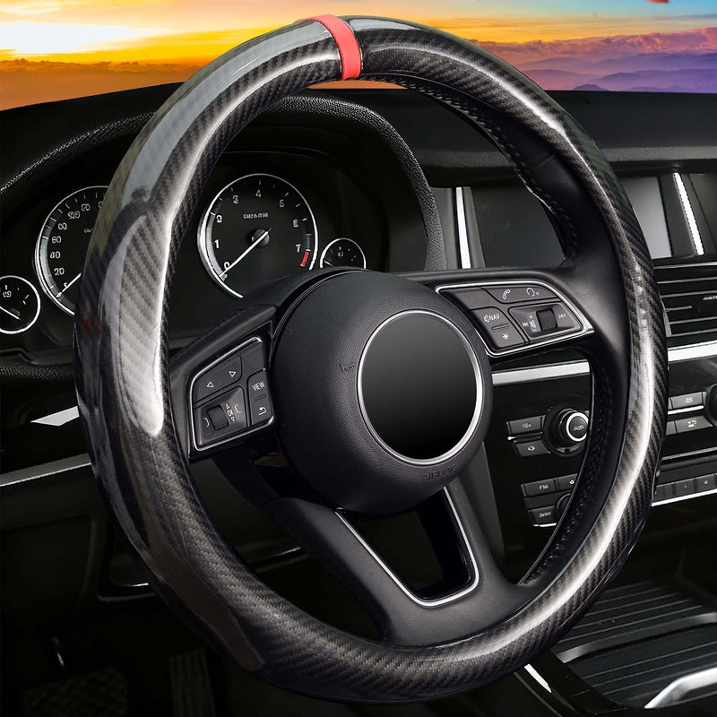 ZHOL 16 inch Steering Wheel Cover Carbon Fiber, Compatible Large-Size for F150 F250 F350 Ram 4Runner Tacoma Tundra Range Rover Model Car Accessories for Women Men Black Large Size[15.5"-16"]