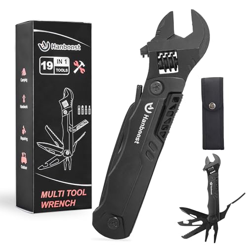 Hanboost Multitool Wrench 19 In 1 Multipurpose Camping Gear Pocket Size Adjustable Wrench with Pliers, Wire Cutter, Cutting Saw, Bottle Opener for Maintenance, Camping and DIY,Gift for Him Matte Black