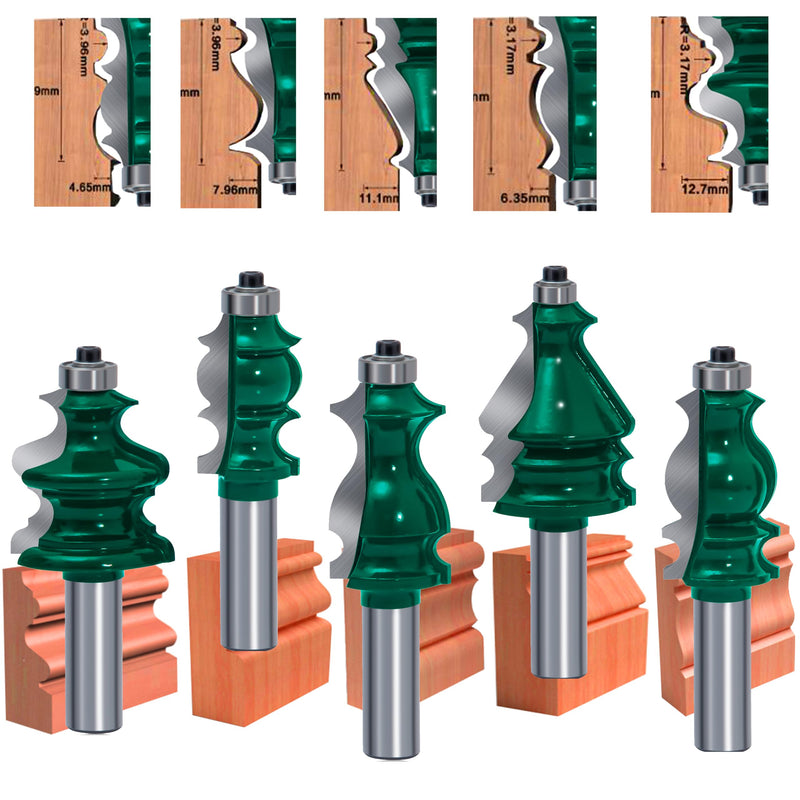 LEATBUY Router Bit 1/2-Inch Shank Door&Drawer Front Edging Router Bits Set 5 PCS Woodworking Milling Cutter Router Bits Sets Tools Carbide CNC Cabinet Router Grooving Mill Tool(YZ04) YZ04