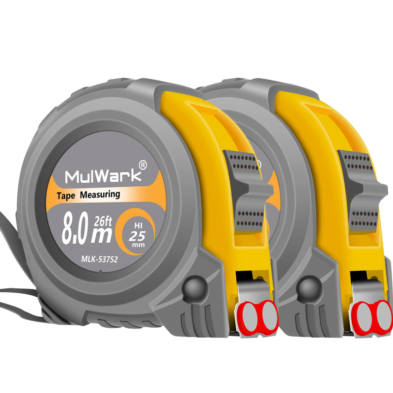 MulWark 2 Pack Metric Tape Measure, Easy Read Measuring Tape Retractable with Fractions 1/8, Both-Side Metal Blade, Magnetic Hook & Shockproof Case for Construction, Carpenter, Architect, Woodworking 26 ft Yellow-Grey