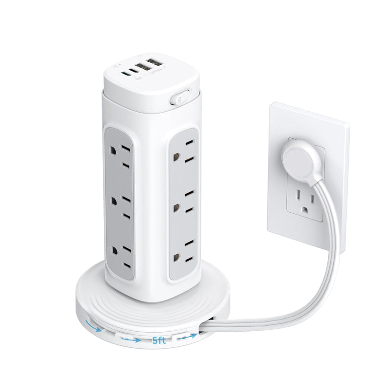TROND Flat Plug Power Strip Tower - 5ft Retractable Extension Cord with Multiple Outlets, Surge Protector Power Strip with USB C PD 20W, 1700J Surge Protection, Office Desk Supplies, Dorm Essentials 5 FT Retractable Cord