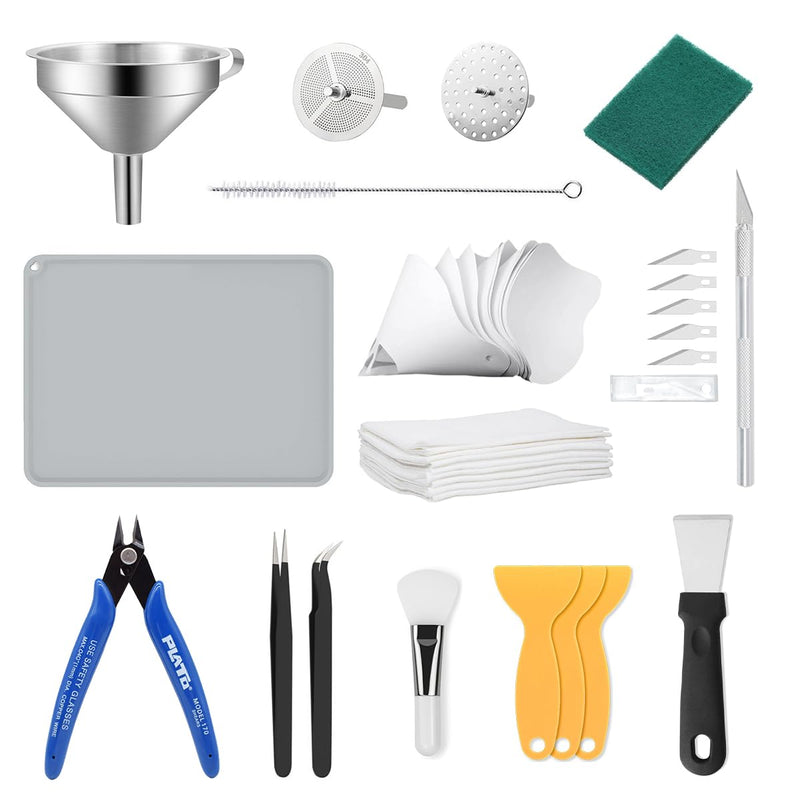 Resin 3D Printer Accessories Kit, Including Cleaning Silicone pad and Stainless Steel Funnel, Maintenance Tool Knife, Tweezers, Funnel, Scissors, Trimming Knife, 3D Printer Tool kit (Resin Tools Kit) Resin Tools Kit