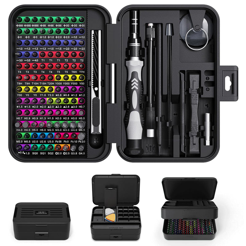 Mini Precision Screwdriver Set with Color-coded Identification, 132 in 1 Micro Magnetic Repair Tool Kits with Storage Box, 108 Bits,Small Manual Screw Driver Toolkits for iPhone/Mac/iPad/Table Black