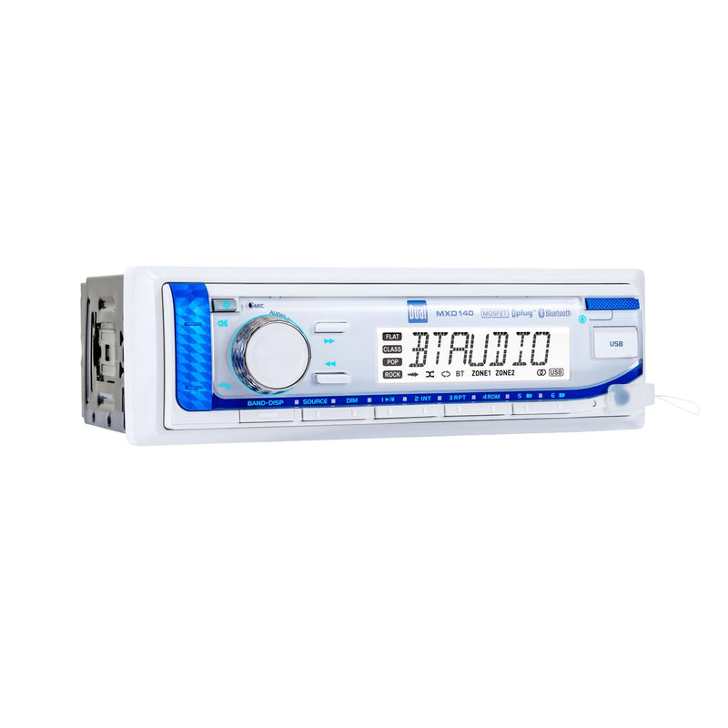 Dual Electronics MXD140 Marine Stereo with Built-in Bluetooth | Single DIN 8-Character Sunlight-Readable LCD Display | Weatherproof | AM/FM Stereo Receiver | USB Port with 2.1 A Charging | White Marine Radio
