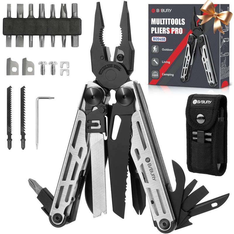 BIBURY Multitool Pliers Pro BI2045, Foldable Multitools with Replaceable Wire Cutters and Saw, Stainless Steel Multi Tool w/Upgraded Scissors and Screwdriver Set, Ideal for Camping, Hiking, Survival Black