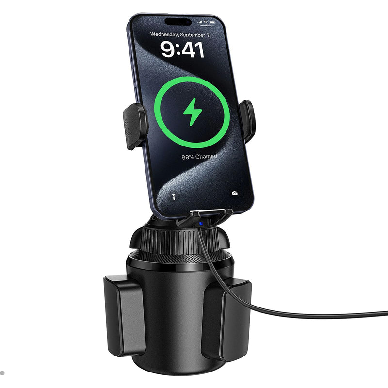 APPS2Car 15W Qi Wireless Car Charger Solid Cup Holder Mount, Adjustable Long Arm & 360° Rotation, Fits 3"–4" Round Cup Holders, Works with Cases ≤ 4 mm (No Metal Attachments) Upgraded Wireless Charger