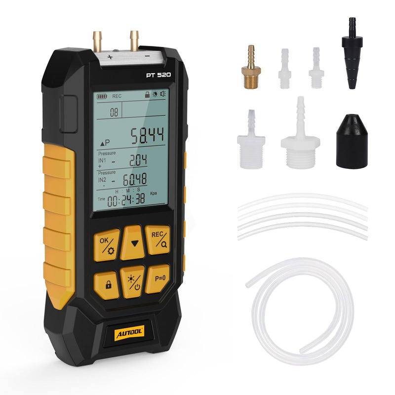 AUTOOL Manometer Gas Pressure Tester,Digital Manometer HVAC,10 Units Differential Dual Port Pressure Gauge -100 to 200Kpa,Data Zeroing with Backlight LCD Display PT520