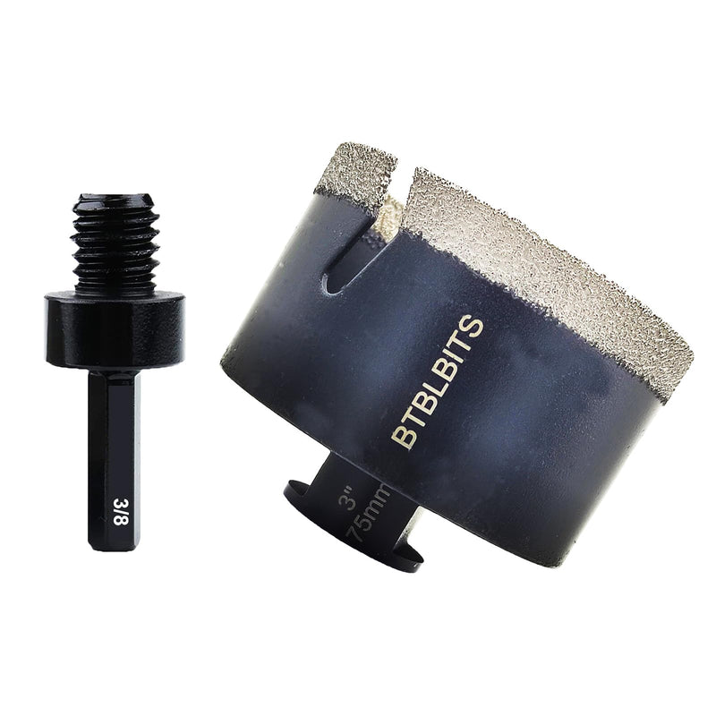 Diamond Core Drill Bit, 3" Tile Hole Saw for Granite Marble Ceramic Glass Porcelain Masonry 75mm with 5/8-11 Thread and 3/8” Hex Shank Adapter for Angle Grinder Drill 3" (75mm)