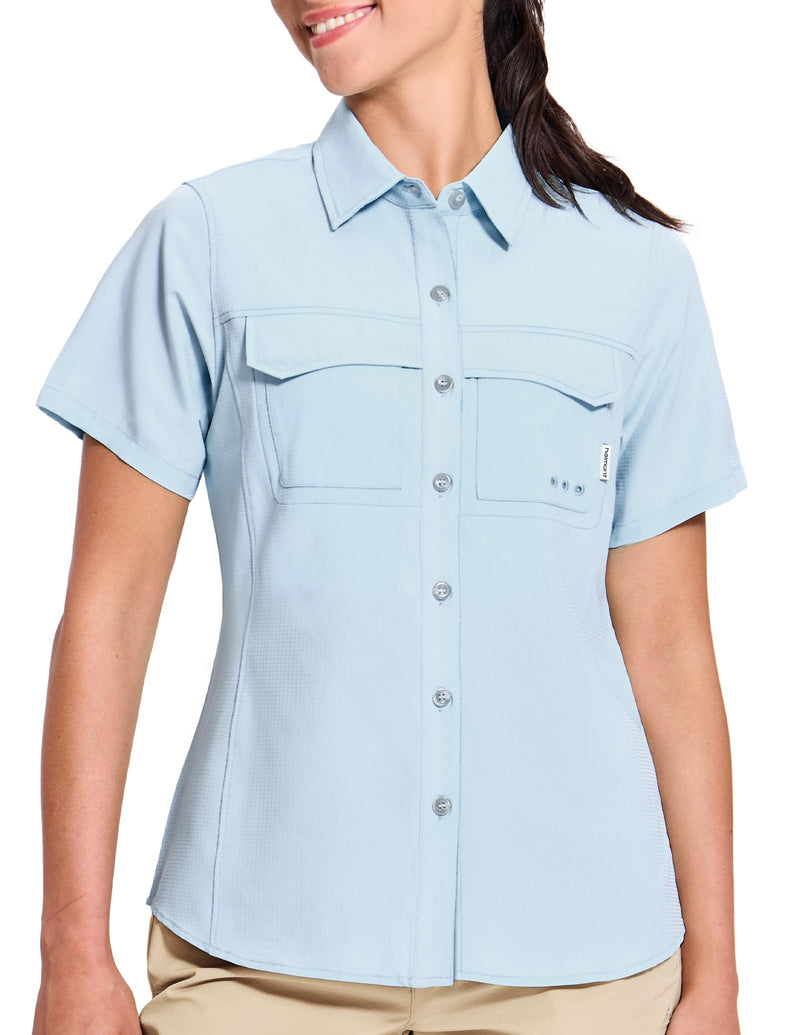 Haimont Women's UPF 50+ Sun Protection Button Down Fishing Hiking Travel Shirts Short Sleeve Quick Dry Shirt with Pockets Medium Light Blue