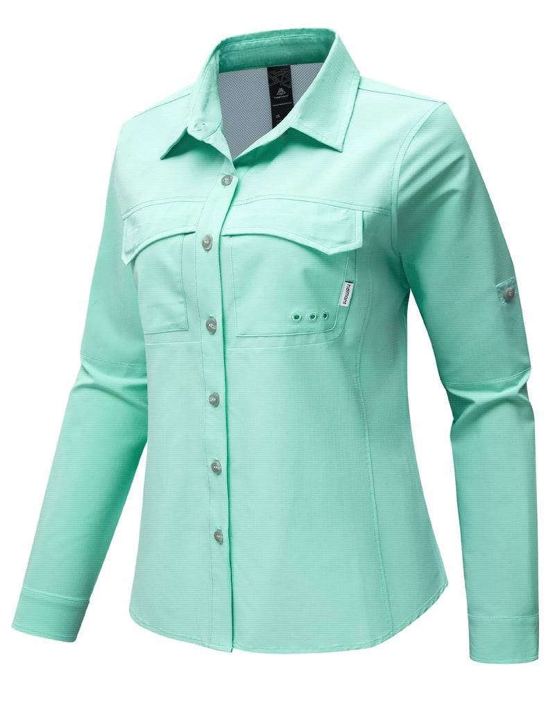 Haimont Women's Travel Hiking Fishing Button Down Shirt, UPF 50+ UV Long Sleeve Sun Shirts for Outdoor Camping Sailing Medium Light Green