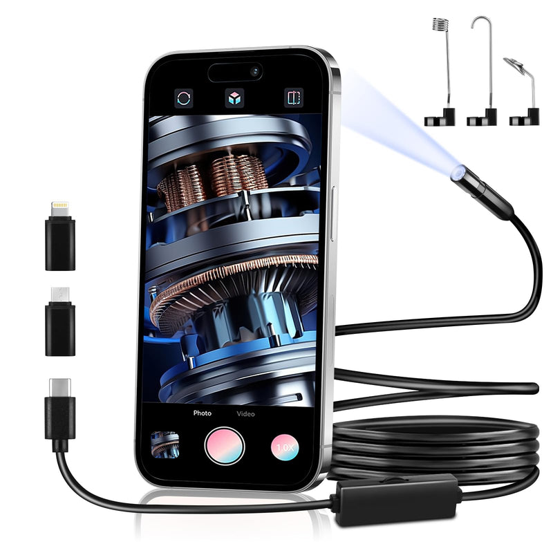 Endoscope Camera with Light – 1920P HD Borescope for iOS & Android (3.3ft) | 1920P HD, 8mm IP67 Waterproof Probe, 8 Adjustable LED Lights, Semi-Rigid 3.3ft Cable, Compatible with iOS & Android