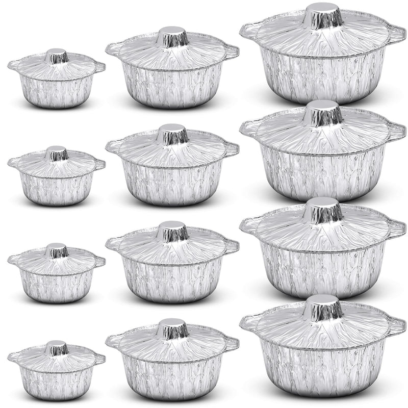 Ziliny Disposable Aluminum Pot with Lid Round Foil Pans Disposable Cookware Food Container for Vacation Trips Camping Baking Heating Cooking(12 Pcs,33.8, 67.6, 121.7 oz) 12 Variety Pack (33.8 oz, 67.6 oz, 121.7 oz)