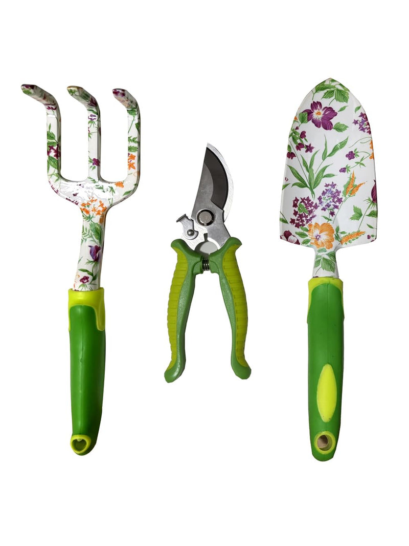 Pruning Shears, Large Soil Shovel, Dirt Rake, Gardening Daily Loosening and Pruning, Non-Slip and Durable, Gift for Men and Women(Gardening Tools Aluminum Set)(Lime Green Flower 3 PCS Tool) Lime green Flower