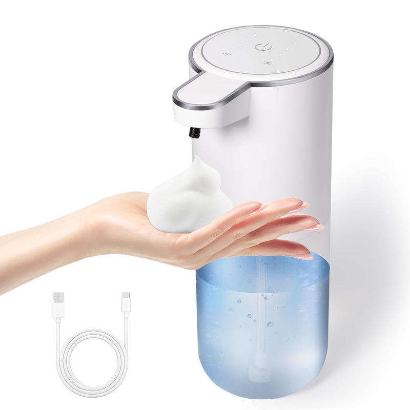 Automatic Foaming Soap Dispenser, Touchless Foam Hand Soap Dispenser for Bathroom, 4-Level Adjustable,13.5oz/400ml, Wall Mounted, Rechargeable White+transparent