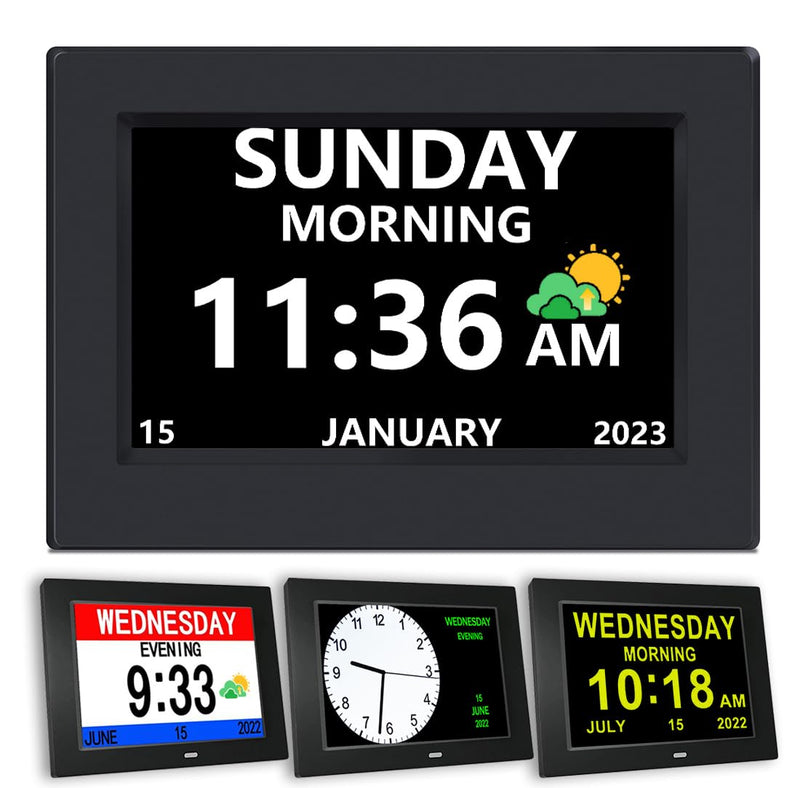 DST Digital Clock with Date and Day of Week for Elderly-12 Alarms Medication Reminder Dementia Alzheimers Clock Calendar with Extra Large Display (7 inch Black) 7 inch Black