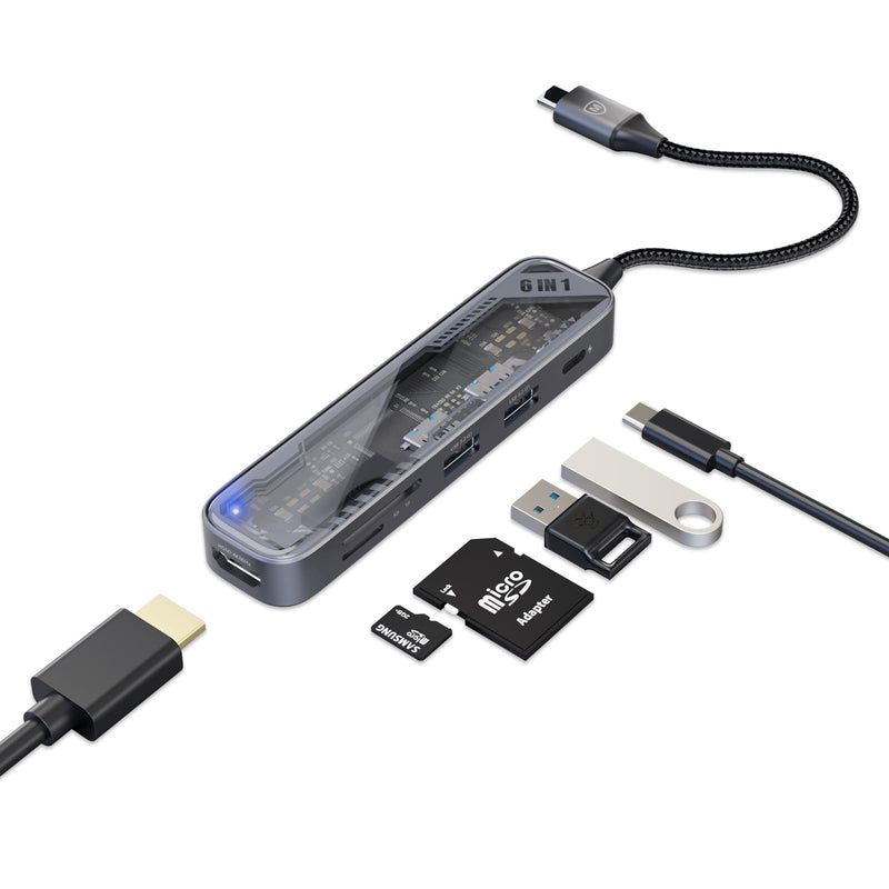 MicroPack USB C Hub 6 in 1, 100W PD Charging, 4K@60Hz HDMI, 2 USB 3.2 GEN1 5Gbps, TF/SD Card Reader, USB C Multi-Port Adapter Docking Station for MacBook Pro Air iPad Laptop Other Type C Devices HDMI+USB 3.2*2+TF/SD