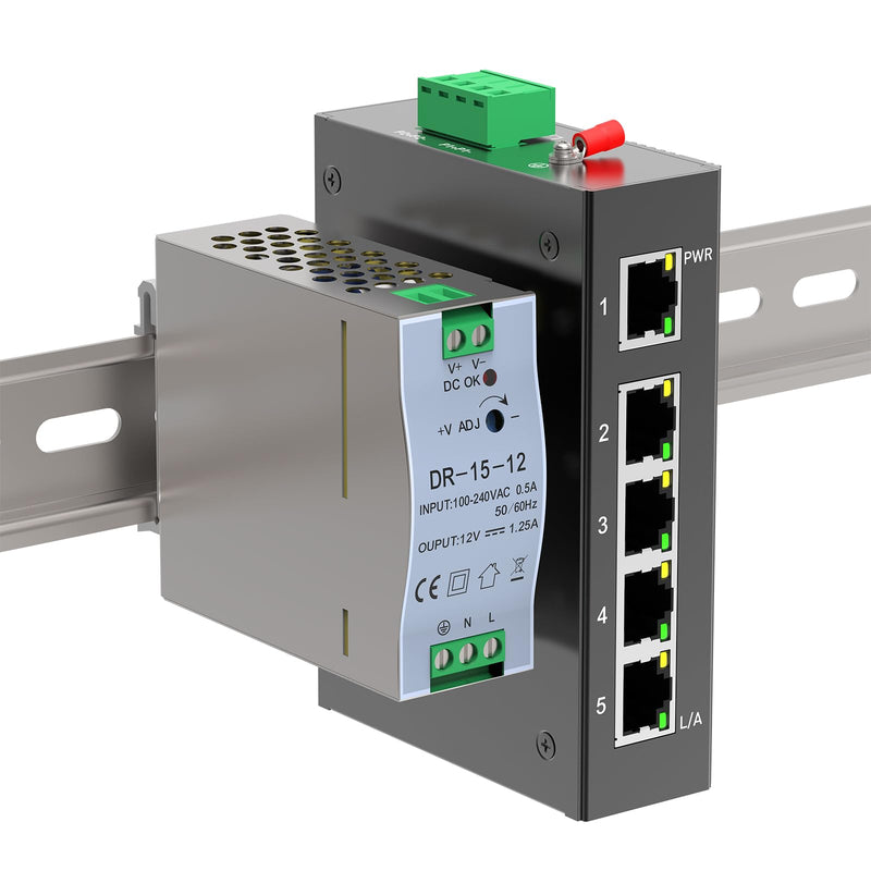 5 Port 100Mb Unmanaged Industrial Switch with DIN Rail 15W Power Supply,10/100Mbps Fast Ethernet,IP40,4KV Lightning Protection,Operating Temperature Range -40° – 80°C DIN Rail Network Switch 5 Port 100M