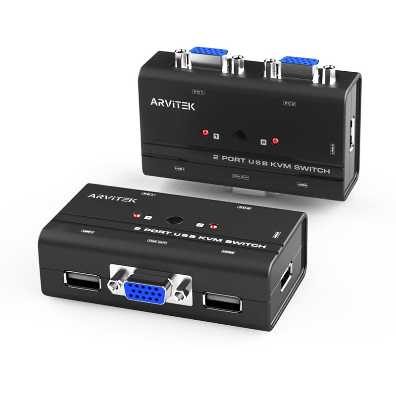 2 Port VGA KVM Switch w/2 KVM Cables, Arvitek USB VGA Switch to Share 1 Monitor and 3 USB Devices Between 2 Computers, Supports 1920×1440 2 Port