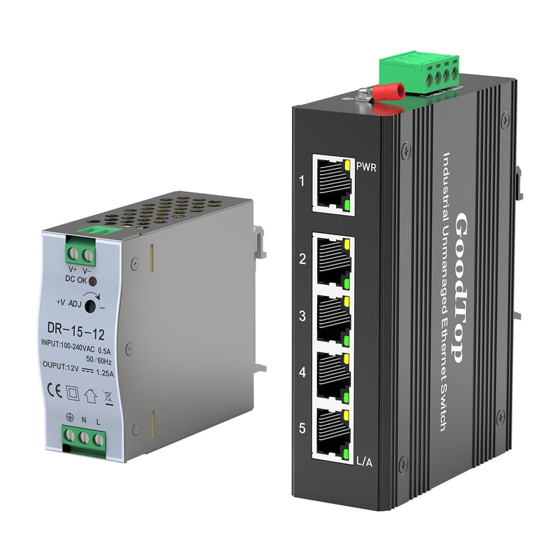 5 Port Gigabit Industrial Switch,10/100/1000Mbps Unmanaged DIN-Rail Ethernet Switch with 15W DIN-Rail Industrial Power Supply, IP40,One-Key VLAN,Lightning Protection 5 Port Gigabit