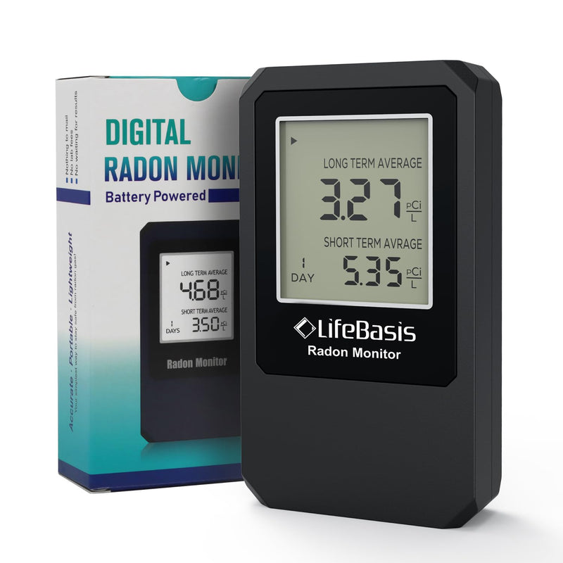 LifeBasis Radon Detector, Radon Test for Home with Long and Short Term Radon Meter, Home Radon Gas Monitor US Version-pCi/L (Update Version, Matte Black)