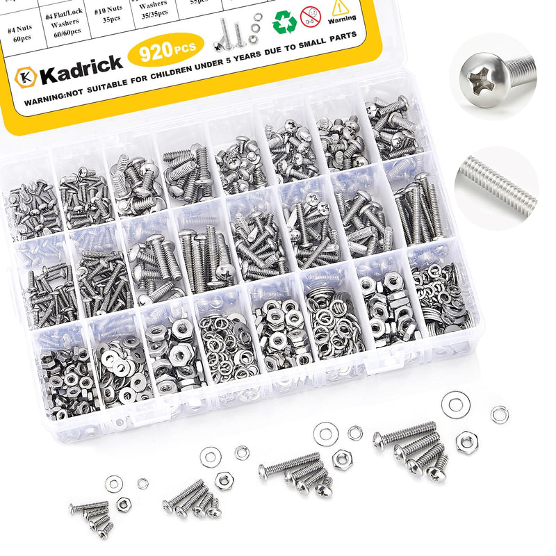 Kadrick 304 Stainless Steel Screws,920Pcs Machine Screw Assortment,#4-40#6-32#8-32#10-24 Assorted Phillips Pan Head SAE Screws Nuts & Washers Set,Bolts and Nuts Kit SS #4-#10 920Pcs