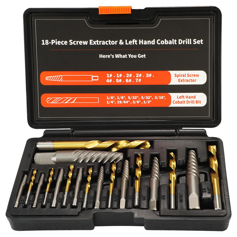 18Pcs Screw Extractor and Left Hand Drill Bit Set, Easy Out Broken Bolt Remover Reverse 6542/4341 HSS Steel Cobalt, Bolt Extractor Kit for Remove Stripped Screws, Damaged Bolts Studs Upgarded Kit-18PCS