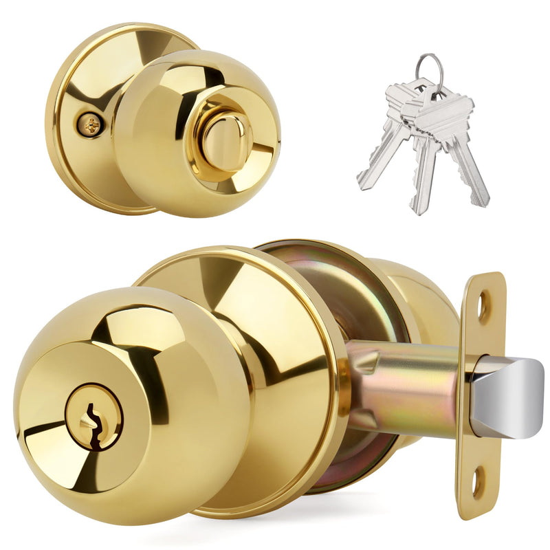 Ball Design Door Knob with Keys and Lock, Keyed Entry Round Shaped Doorknob for Front/Entrance Doors, Polished Brass Finish
