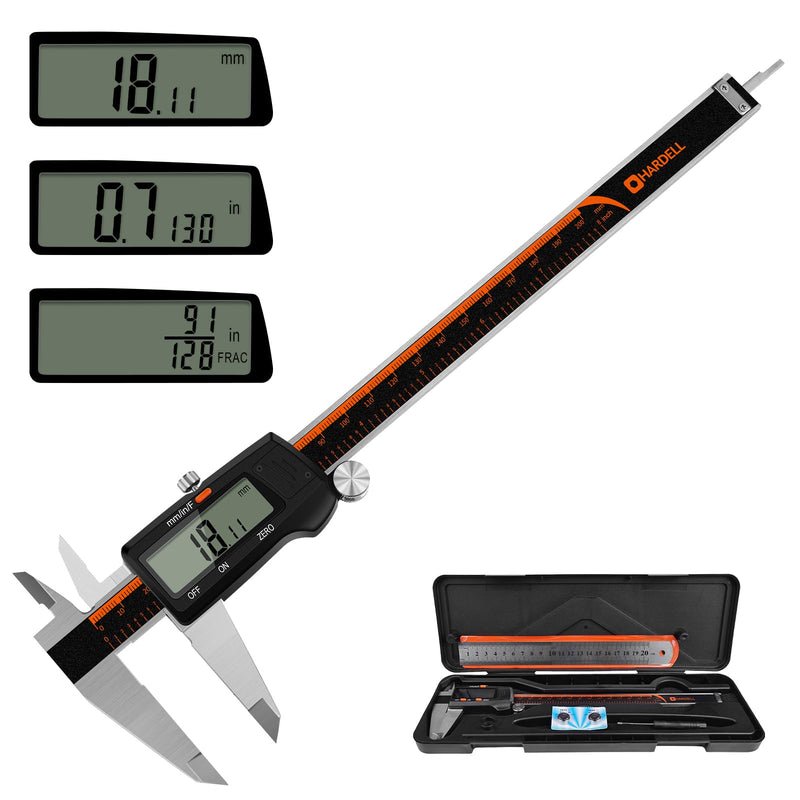 HARDELL Digital Caliper, 0-8 Inch Measuring Tool Large LCD Screen,Stainless Steel,Auto-Off,Inch/Fractions/Millimeter Waterproof Caliper Digital Micrometer for DIY/Household/3D Printing 8 Inch