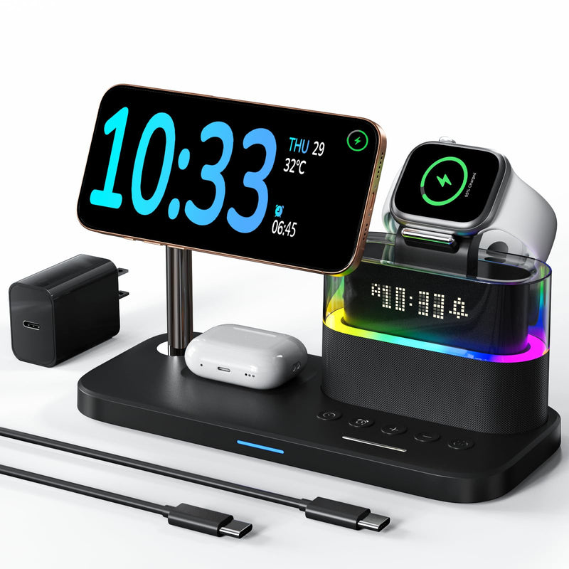 5 in 1 Wireless Charging Station for Apple,Mag-Safe Charger with Alarm Clock Night Light for Multiple Devices,Nightstand Charging Station for iPhone 17/16/15/14/13/12,Apple Watch Series,Air-Pods Qi1-Black