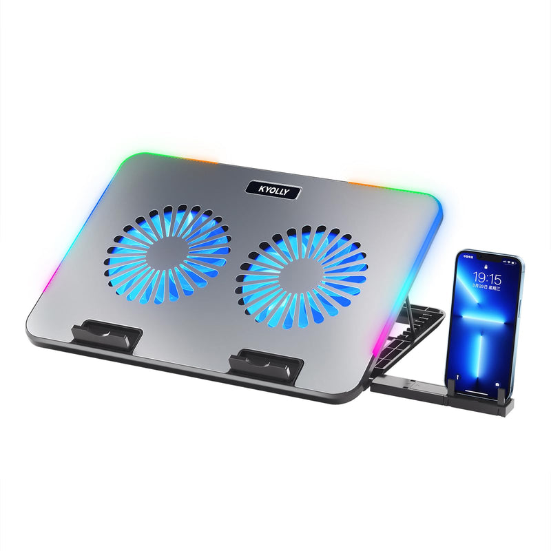 RGB Gaming Laptop Cooling Pad with Metal Panel, 2 Ultra Quiet Big Fans, 10 Lighting Modes, Phone Stand & 7 Height Adjustable Ergonomic Cooler for 10-15.6 Inch Laptops Silver