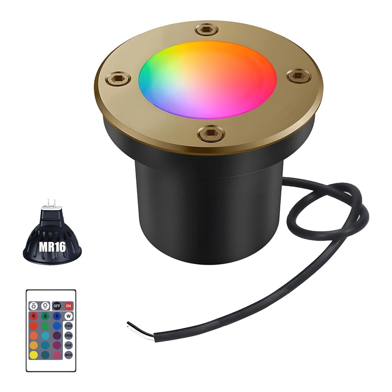 RGB Ground Light Outdoor, 12V Low Voltage Color Changing RGB MR16 LED Bulb, Warm White+15 Multicolor and 4-Level Brightness on Remote Control, Weatherproof for Landscape Well Lighting