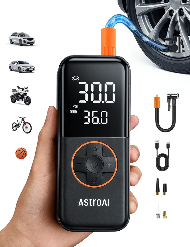 AstroAI L4 Tire Inflator Portable Air Compressor, 150PSI Portable Air Pump for Car Tires with Pressure Gauge LED Light, Electric Air Pump Quick Inflation for Cars, Motorcycles, Bikes, Tires, Balls Orange