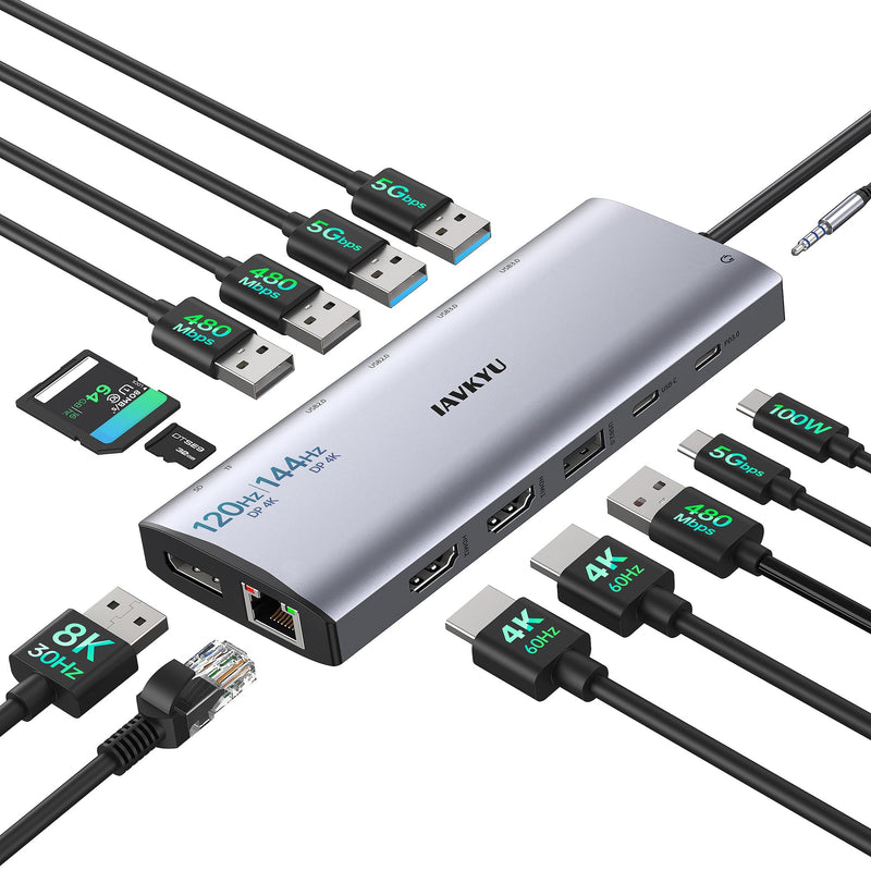 Triple Monitor Docking Station, 14-in-1 USB C Hub with DP 8K@30Hz/4K@144Hz, Dual HDMI 4K@60Hz, 100W PD, 7 USB Ports, SD/TF Card Reader, Gigabit Ethernet for MacBook & Windows Laptop 2*4K HDMI+8K DisplayPort