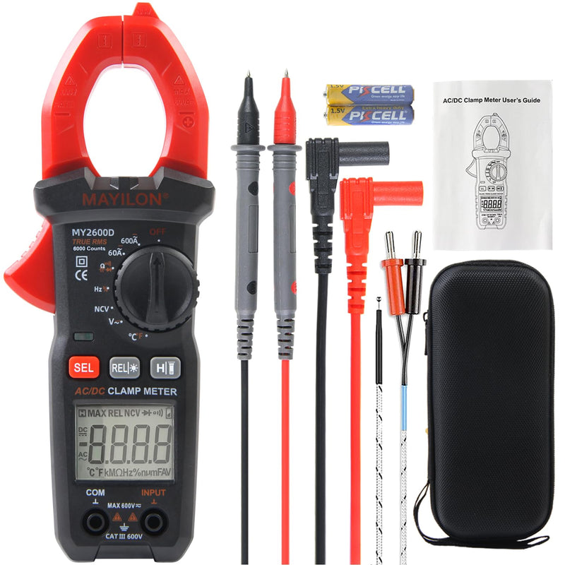 Digital Clamp Meter, Multimeter 6000Counts Volt Meter Auto-ranging Measures AC/DC Amp Clamp, NCV Non Contact Check Function (MAYILON MY2600D) 6000 Counts AC/DC Current