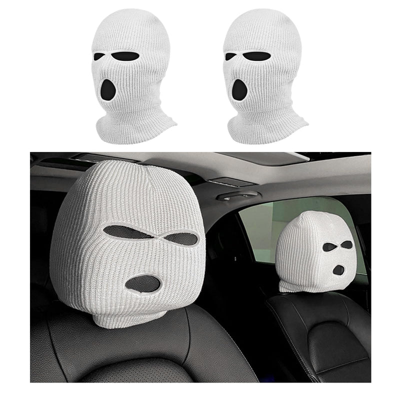 2 PCS Car Headrest Cover, Personalized Funny Car Seat Full Face Mask, Ski Mask Wrap Protection for Auto Front Seat Rest Decoration, Universal Interior Car Accessories (White) White