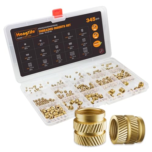 HANGLIFE Heat-Set Threaded Inserts, M2 M2.5 M3 M4 M5 M6 Assortment Box (345 Pieces) Heat Set Insert for 3D Printing Components and Plastic Parts - Brass Metric Knurled Nuts Assortment Kit(345pcs)