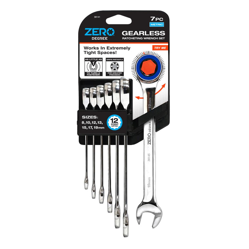 Zero Degree 38141 Ultra-Precise 7-Piece Gearless Ratchet Wrench Set – Nickel Plated High-Carbon Steel with ASME Certified Torque – Durable & Rust-Resistant – Perfect for Tight Spaces, Metric