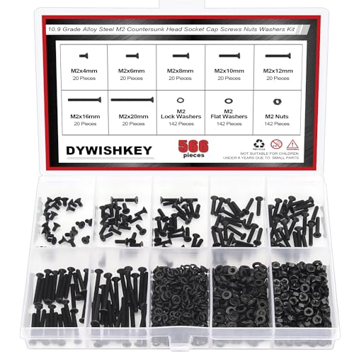 DYWISHKEY 566 Pieces M2 Black Screws, 10.9 Grade Alloy Steel M2x 4/6 /8/10 /12/16 /20mm Countersunk Head Socket Cap Screws Bolts Nuts Washers Assortment Kit