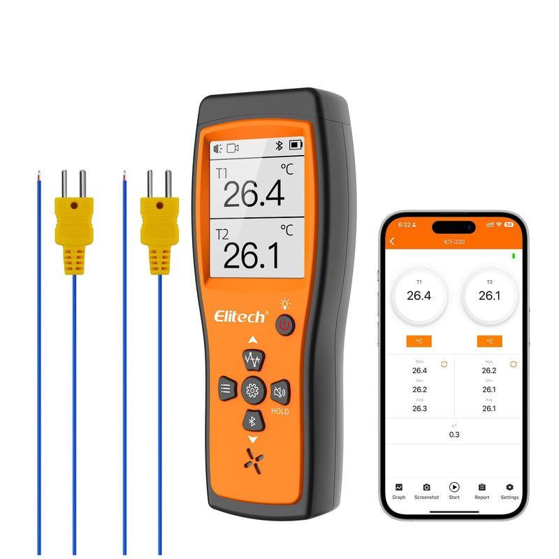 Elitech Bluetooth Thermocouple Thermometer Digital Temperature Data Logger K-Type, APP Real time Data, 5000 Points Capactiy(Optional),OTA Remote Firmware Upgrade, ADJ Compensation, 2 Channels HVAC Lab