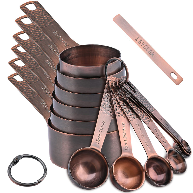 Copper & Stainless Steel Measuring Set - 6 Cups & 7 Spoons with Leveler Copper Set of 14