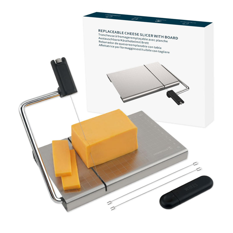 KITCHENDAO Replaceable Wire Cheese Slicer with Board and Measuring Grids,Tightness Adjustable Cheese Slicer, Stainless Steel Metal Cheese Cutter for Block Cheese, Dishwasher Safe, with 2 Extra Wires KD20326 Cheese Slicer(Black Handle)