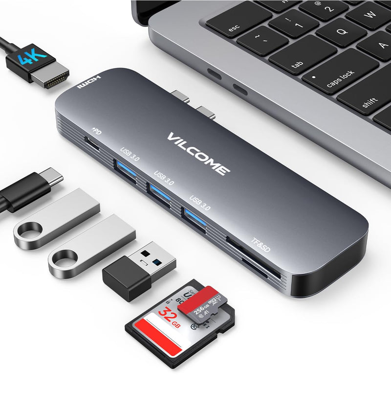 Vilcome USB C Adapter for MacBook Pro/Air M1 M2 M3 2023 2022 2021 2020 2019, 7-in-2 USB-C Hub MacBook Pro Accessories with Thunderbolt 3 PD Port, 4K@60Hz HDMI, 3 USB 3.0 Ports, TF/SD Card Reader Grey