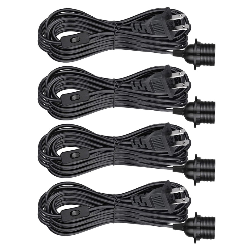 Plug in Pendant Light Cord Kit - 16Ft Light Socket with Cord E26/E27 Extension Hanging Lantern Lamp Cable with Switch,Socket Rings, 4 Pack, Black 16FT-4Pack-Black