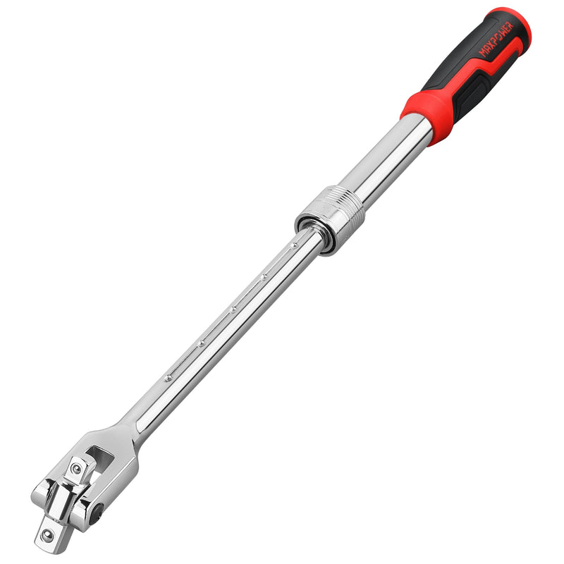 MAXPOWER Extendable Breaker Bar, Dual Head 1/2" & 3/8" Drive 360° Flex Head Cheater Bar, 5-Gear Extending Locking, Extendable Handle 13-3/8" to 18" Dual drive