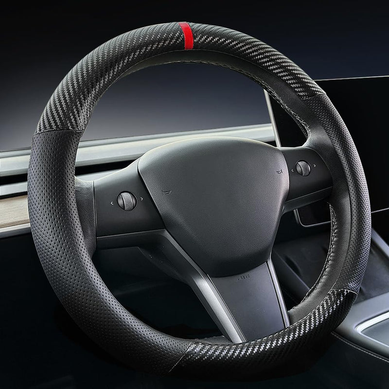 Carodi Carbon Fiber Leather Car Steering Wheel Cover ，for Tesla Model 3 / Model Y Steering Wheel Cover Black-B