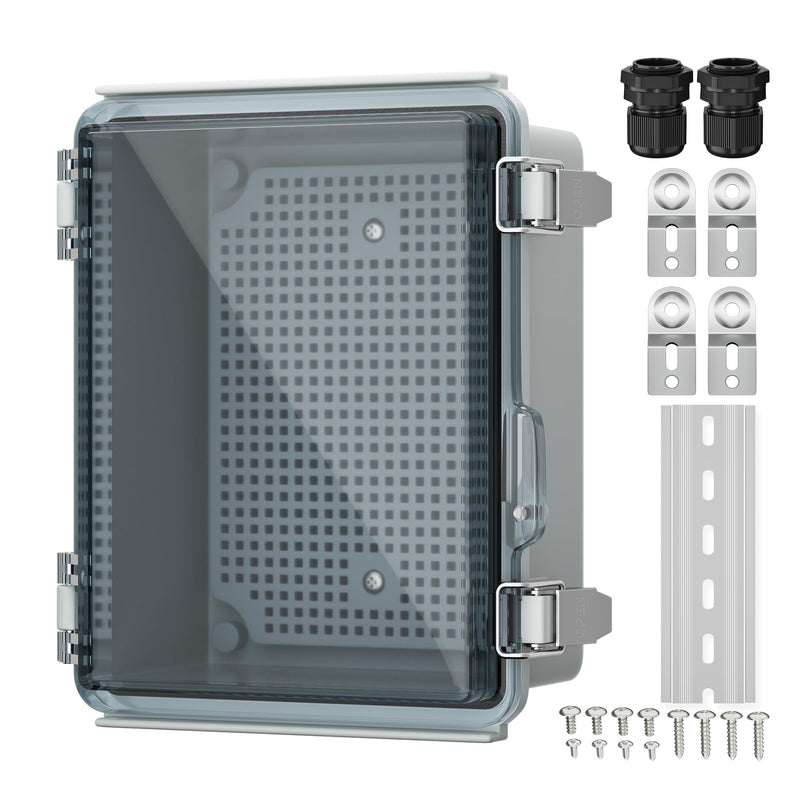 Joinfworld Outdoor Waterproof WiFi Enclosure 8.7x6.7x4.3 | Weatherproof Outdoor Electrical Junction Box, IP67 Rated, DIN Rail & Stainless Latch for Solar, Irrigation, Network & DIY 8.7"x6.7"x4.3" Clear
