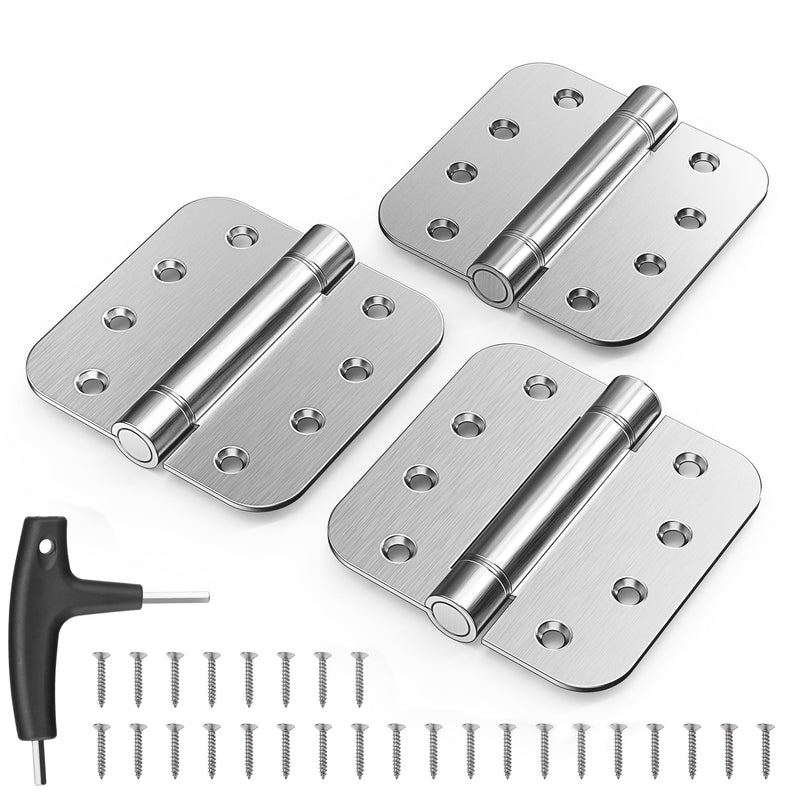 KOLET Self Closing Door Hinges, 4 x 4 Inches Door Hinges with Auto Close, 5/8" Radius Corners Spring Hinges, Heavy Duty Stainless Steel, Long-Lasting, Brushed Nickel, 3 Pack